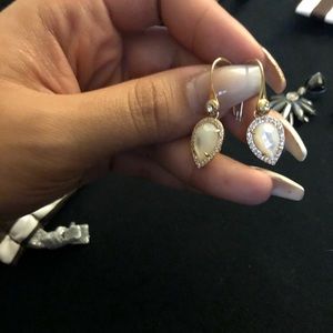 henri bendel Gold Teardrop Earrings with Cream Stone and Clear Crystals